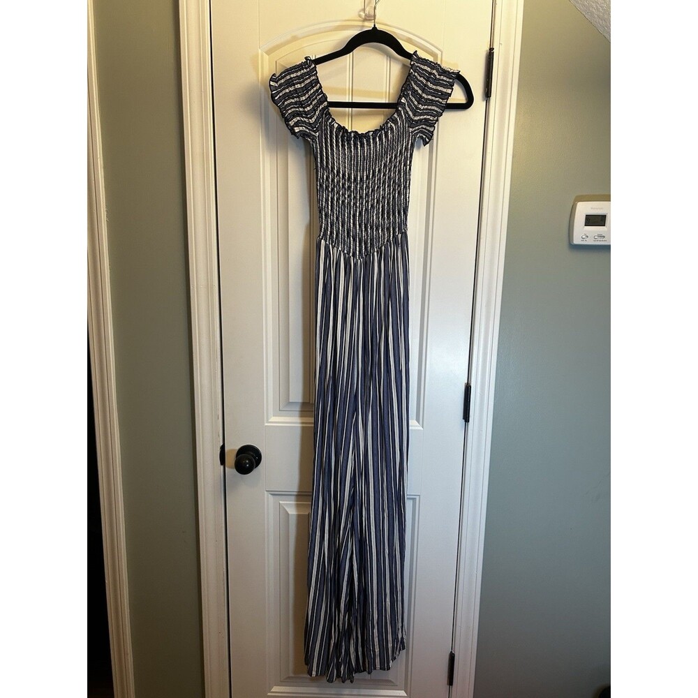 For Justify XL Blue White Stripe Smocked Wide Leg Off Shoulder Jumpsuit Romper - Picture 2 of 13